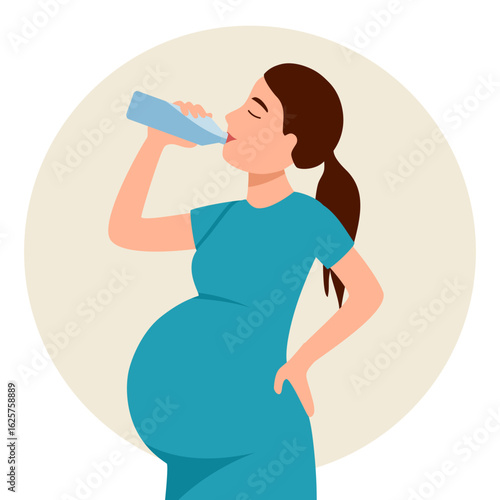 Pregnant woman drinking water in flat design.
