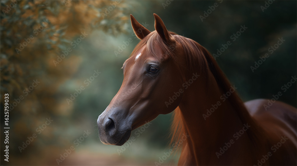 Fototapeta premium Chestnut horse portrait with soft lighting in natural setting 