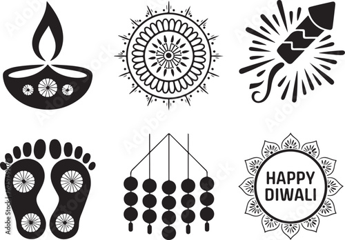 Diwali Festival Icons and Symbols in Black and White Color
