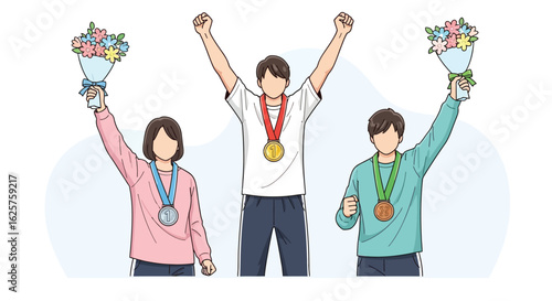 Cartoon of athletes on podium holding flowers and wearing medals happy