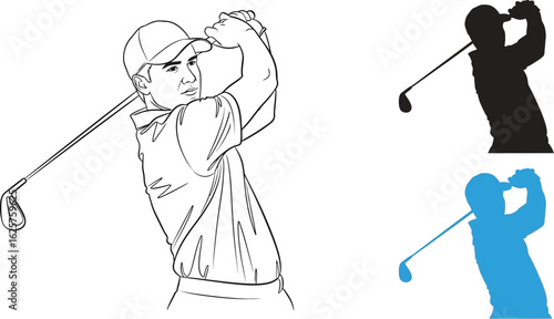 Outline and silhouette of a golfer swinging a golf club illustration