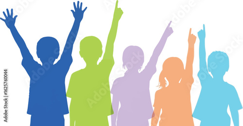 Colorful silhouettes of children with raised hands and pointing fingers