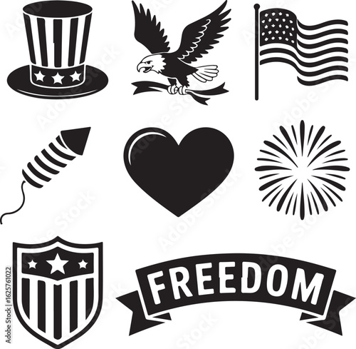 Celebrate freedom with patriotic symbols like eagles, flags, and fireworks