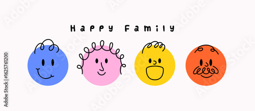 A charming illustration of a happy family featuring colorful round faces with cute hand-drawn expressions. Perfect for family, parenting, or children-related design projects