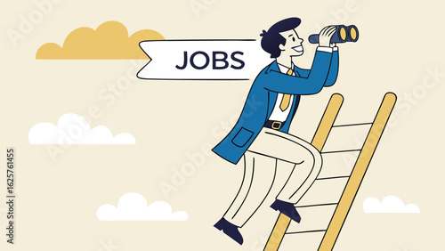 Optimistic businessman climbing career ladder, searching for jobs with binoculars, vector illustration, minimalist style.