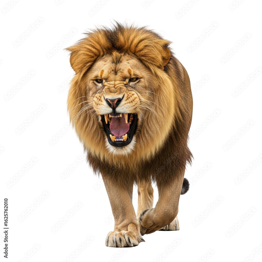 Obraz premium A majestic male lion with a powerful roar and bared fangs walks directly towards the viewer, showcasing its strength and dominance.