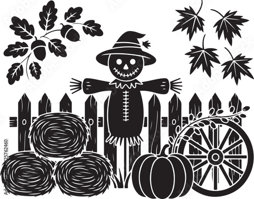 Charming autumn scene with scarecrow, hay, pumpkin, and leaves