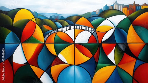 Vibrant Abstract Landscape with Colorful Geometric Shapes and Bridge