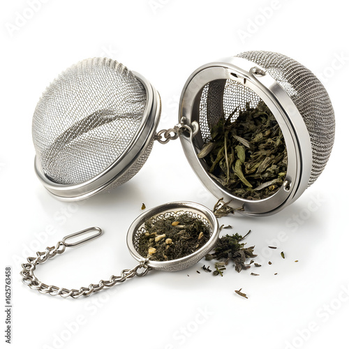 A mesh tea ball infuser designed to hold loose tea leaves for steeping