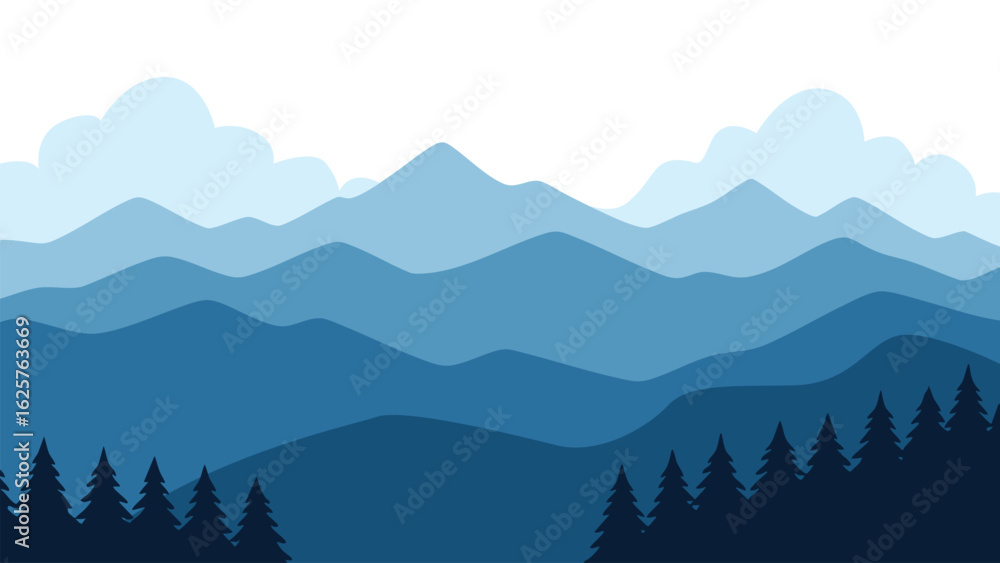 Obraz premium Landscape of mountain range with pine forest and cloudy sky. Vector illustration