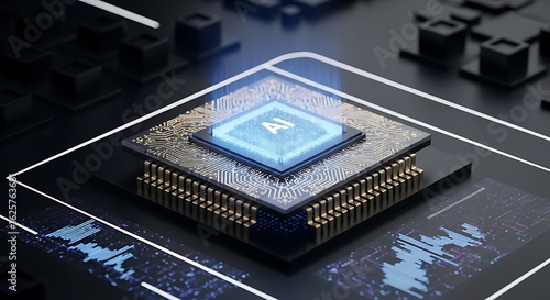 Advanced AI Microprocessor Glowing with Blue Energy Amidst Data Visualizations.