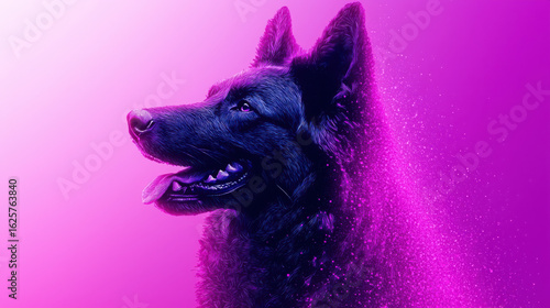 Majestic Black Dog with Vibrant Purple Background and Shimmering Effect