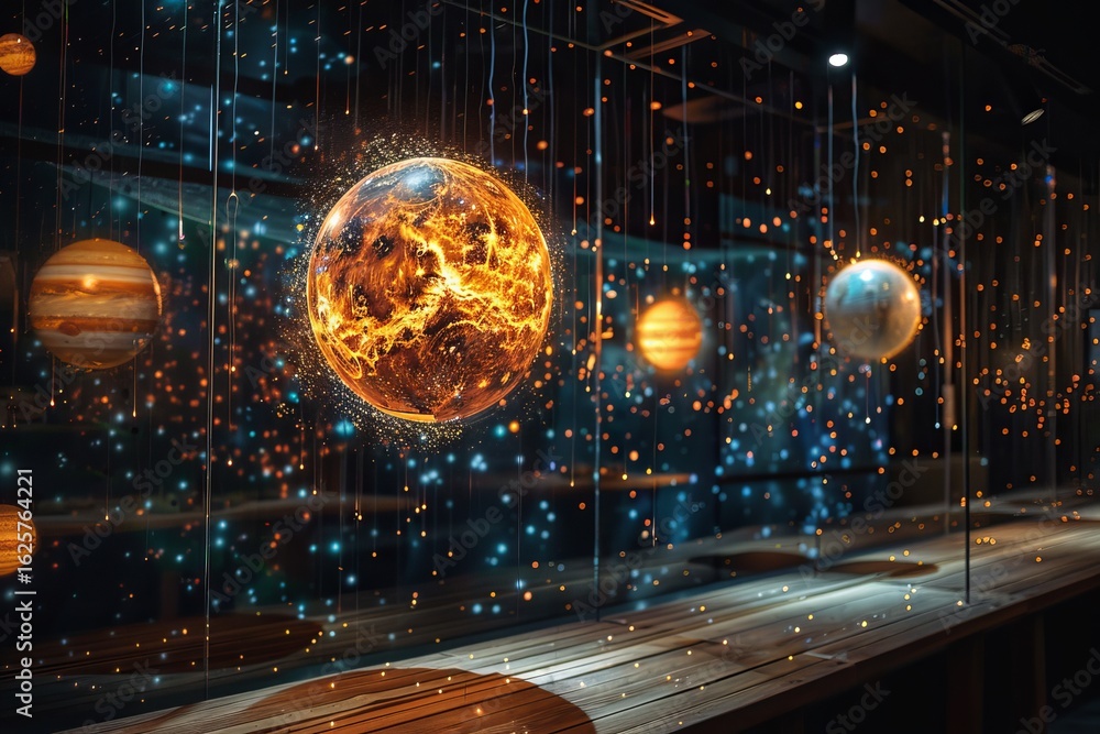 Fototapeta premium Planets and stars glowing behind glass display in dark room