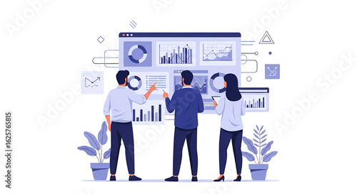 Professional team analyzing business data on an interactive dashboard with charts and graphs.