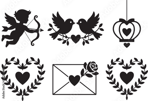 Cupid, love birds, hearts, and rose celebrate romance