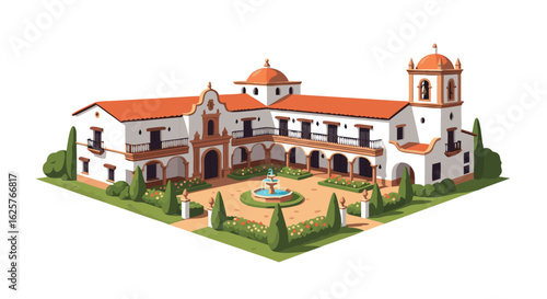 Scenic view of a Spanish-style estate with a charming courtyard and lush greenery, ideal for historical or architectural visualization