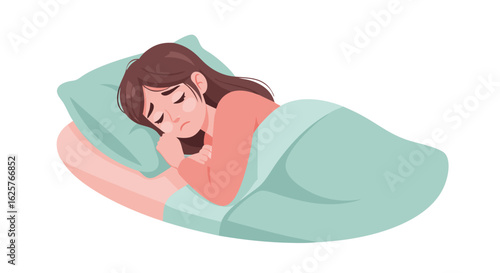 Illustration depicting a sad woman in bed struggling with insomnia or emotional distress, portraying feelings of sadness and vulnerability during