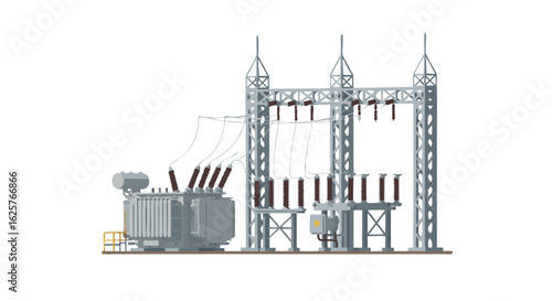 Detailed vector illustration showcasing an electrical substation for energy transmission and distribution with an isolated background