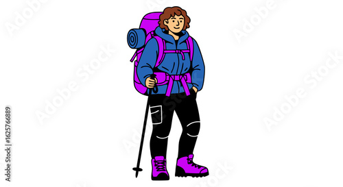 Cartoon-style illustration of a hiker with a backpack and walking stick, dressed for an adventure on a white background showing outdoorsy lifestyle