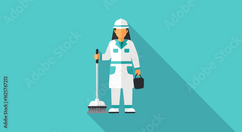 Flat Vector Illustration of a Cleaning Lady with a Broom and Bucket in Uniform on a Teal Background