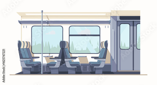 Empty seats inside a passenger train carriage with windows displaying picturesque landscape scenes depicting rail travel