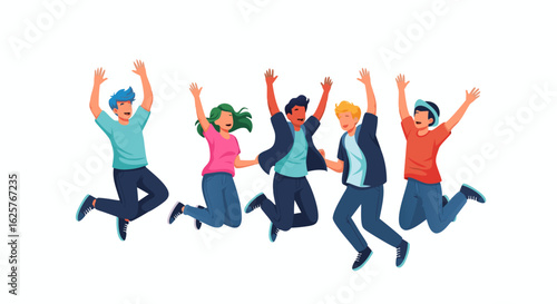 Energetic group of young adults joyfully jumping with excitement and enthusiasm on a clean white background ready for any exciting adventure or