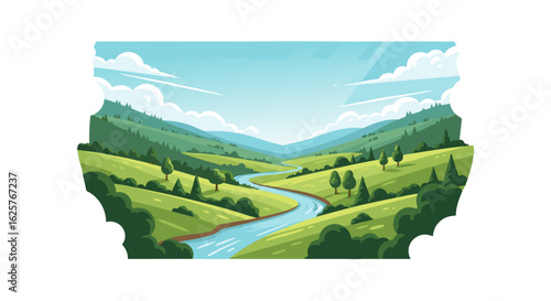 Serene Valley Landscape with Flowing River and Lush Greenery in a Colorful Vector Illustration