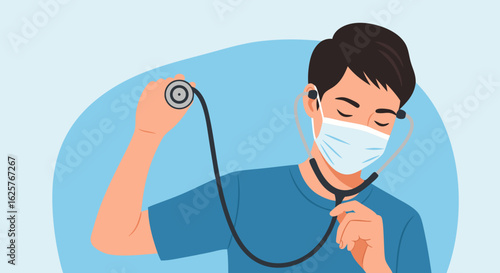 Healthcare Professional Wearing a Mask and Using a Stethoscope with Calm Expression Demonstrating Patient Care and Medical Preparedness During a