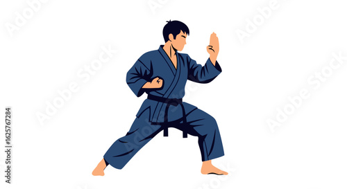 Focused martial artist in defense stance, demonstrating discipline and control in a dynamic position facing forward