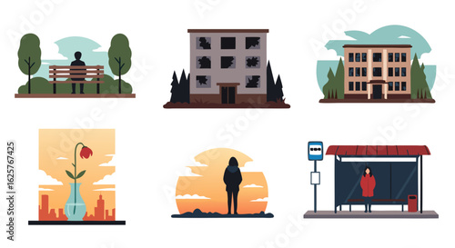 Six stylized scenes depicting urban loneliness, isolation, and reflections on modern life