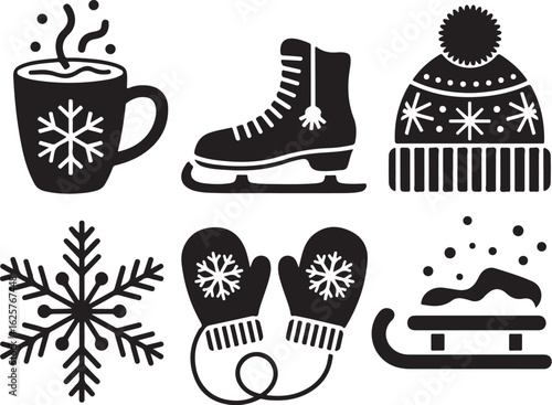 Cozy winter icons hot drink ice skate hat mittens snowflake sled