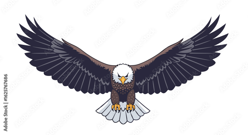 Fototapeta premium Majestic Bald Eagle with Outstretched Wings in Stylized Vector Illustration on White Backdrop