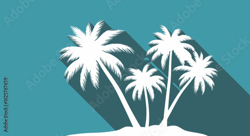 Serene tropical island vista with minimalist white palm trees against a deep blue background, radiating a sense of tranquility and idyllic escape