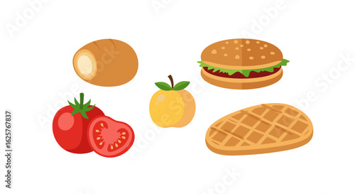 Delightful Cartoon Food Assortment Featuring Burger, Waffle, Apple, Bread, and Tomatoes Creating a Mouthwatering Culinary Display