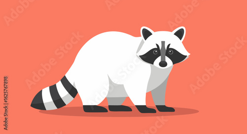 Vector illustration of a raccoon in white fur and black stripes, isolated against a peach-colored backdrop providing a cartoonish aesthetic design