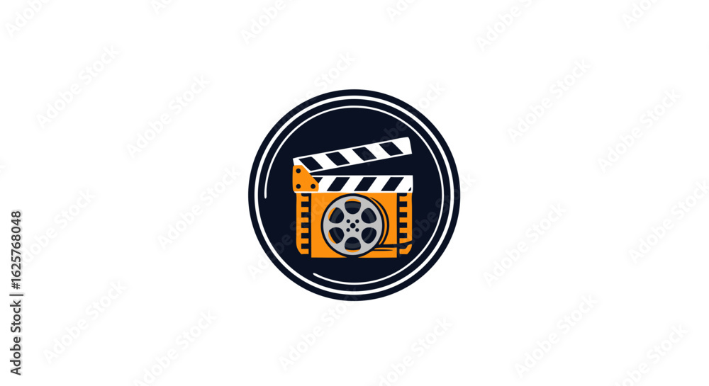 Naklejka premium Iconic Symbol of Film Production: Creative Illustration of Clapperboard and Reel, Evoking the Cinematic Arts and Media Production within a Modern