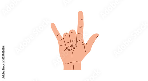 Illustrated hand gesture conveying 'I love you' with index and pinky fingers extended isolated over white backdrop