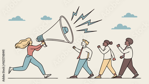 Woman with megaphone announces exciting news to diverse, enthusiastic business team; minimalist line art style.