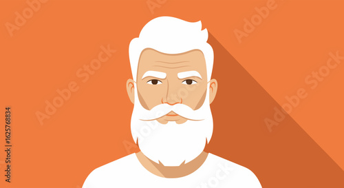 Sophisticated white bearded character portrait illustration on orange background with shadow, digital art face depicting aged gentleman