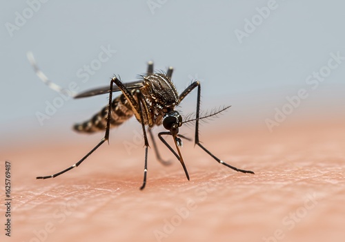 Close-up of a mosquito feeding on human skin, a reminder of disease prevention and summer health risks