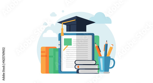 Aspirational academic pursuit through higher education conceptualized with graduation cap and educational materials visualized in flat design style