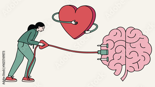Woman connecting heart to brain;  emotional intelligence, mental health, wellbeing concept; minimalist line art style.