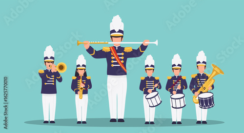 Majestic Band Ensemble: A Detailed Illustration of Musicians in Uniform with Instruments