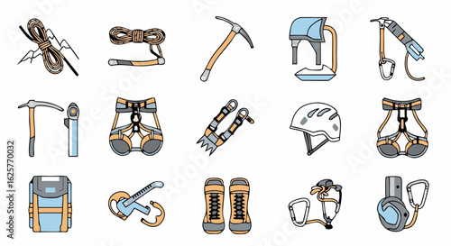 Detailed Line Art Illustration Showcasing Essential Mountaineering Equipment with Muted Color Palettes Depicting Climbing and Alpinism Preparedness
