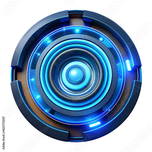Round futuristic mechanical object with a glowing blue energy core and concentric rings.