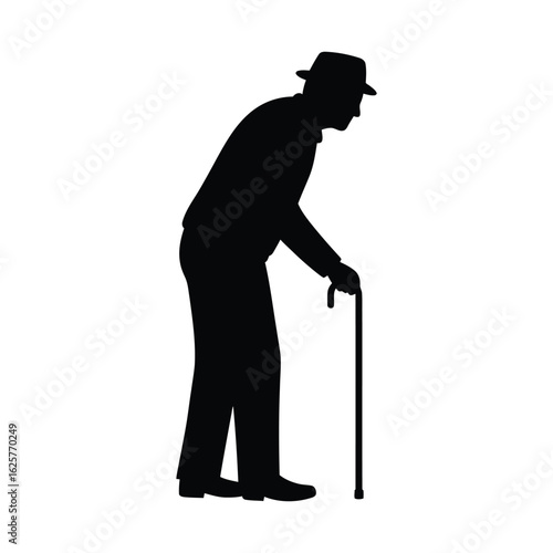 Silhouette of an elderly man with a cane, isolated on white background, depicting aging, retirement, and the challenges of mobility in later life