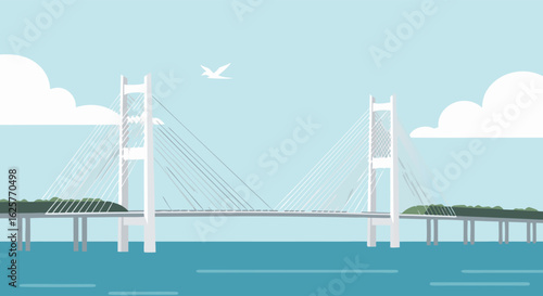 Architectural cable-stayed bridge in calming blue tones against a scenic backdrop with a minimalist bird illustration