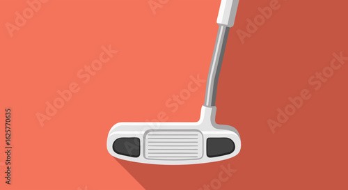 Minimalist vector illustration of a white golf putter set against a salmon color backdrop showcases sporting equipment precision game concept