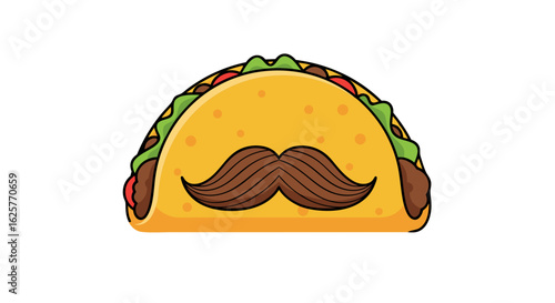 Illustration depicting a humorous taco with a prominent mustache, blending food and facial hair in a comical cartoon style