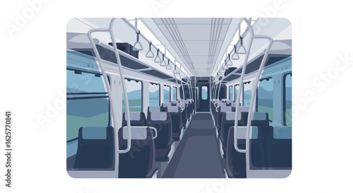Illustration of empty commuter train interior with minimalistic design showing overhead compartments and seats offering a clean and tranquil aesthetic